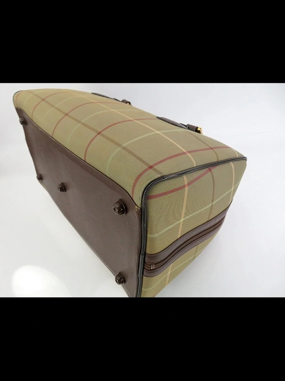 Burberry Tan Plaid Travel Holdall with Brown Leather Trim